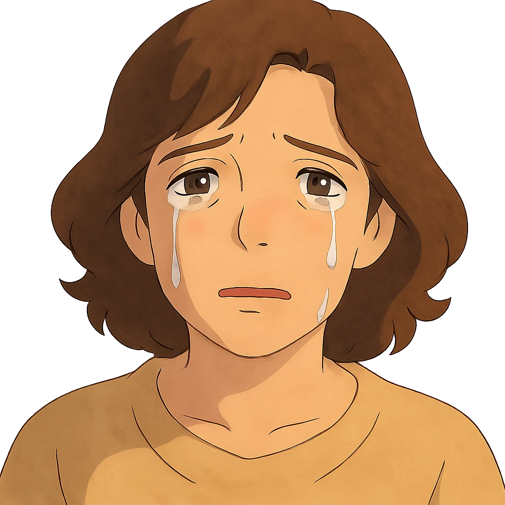 ghibli style face of a mother with teared up eyes, soft lighting, emotional expression emoji