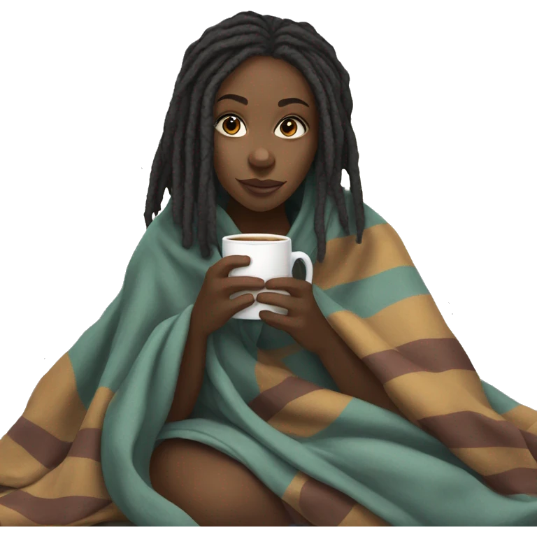 Black girl with dreadlocks wrapped in blanket sipping tea emoji
