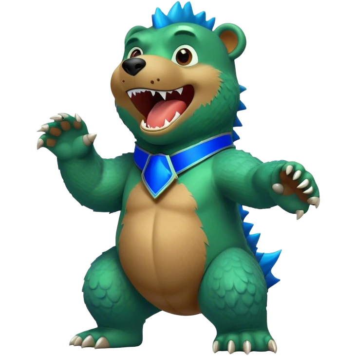 Green dancing bear with blue collar and Godzilla head emoji