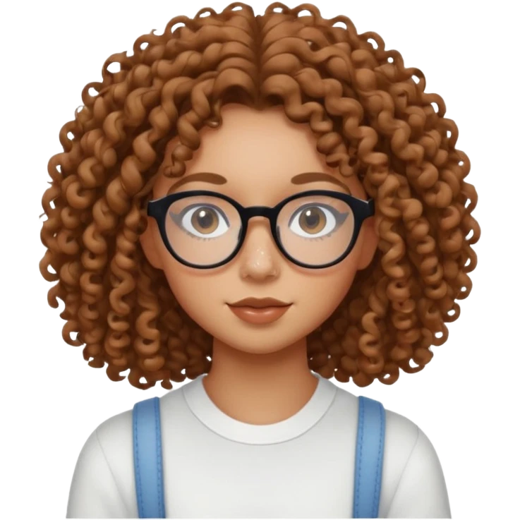 make a really curly hair, teen girl with glasses and little acne that looks like freckles longer like more than shoulder lengthcurly hair, and pretty withe makeup on giving clean girl vibes, and make her have tan skin

 emoji