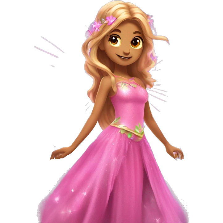 Flora the adult latina fairy of nature in her enchantix fairy pink clothing, wings and long light brown hair from winx club. Lots of sparkles, feel the magic  emoji