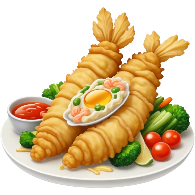 Cinematic Realistic Tempura Dish Emoji, depicted as lightly battered and fried seafood and vegetables rendered with delicate textures and crisp, inviting lighting. emoji