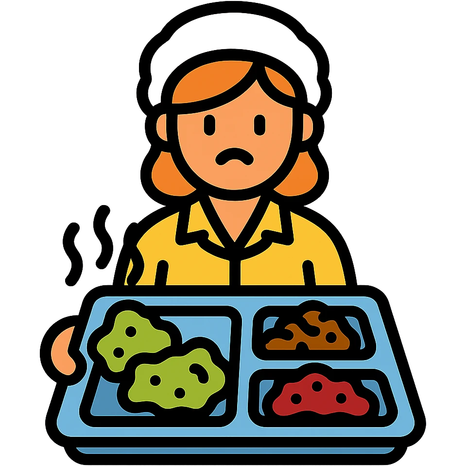 lunch lady serving unappetizing, gross cafeteria food icon with color and black outlines emoji