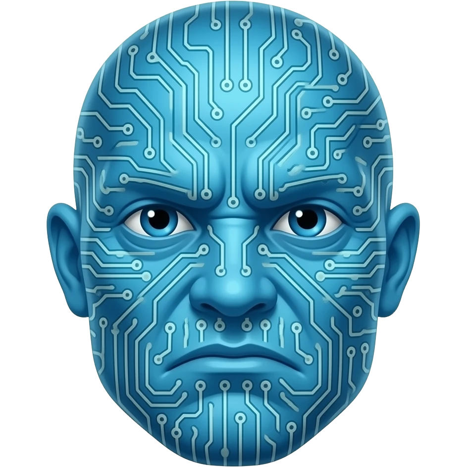 The image features a stylized prehistoric and frowning portrait of Blaze Bayley with blue skin covered in computer circuitry. emoji