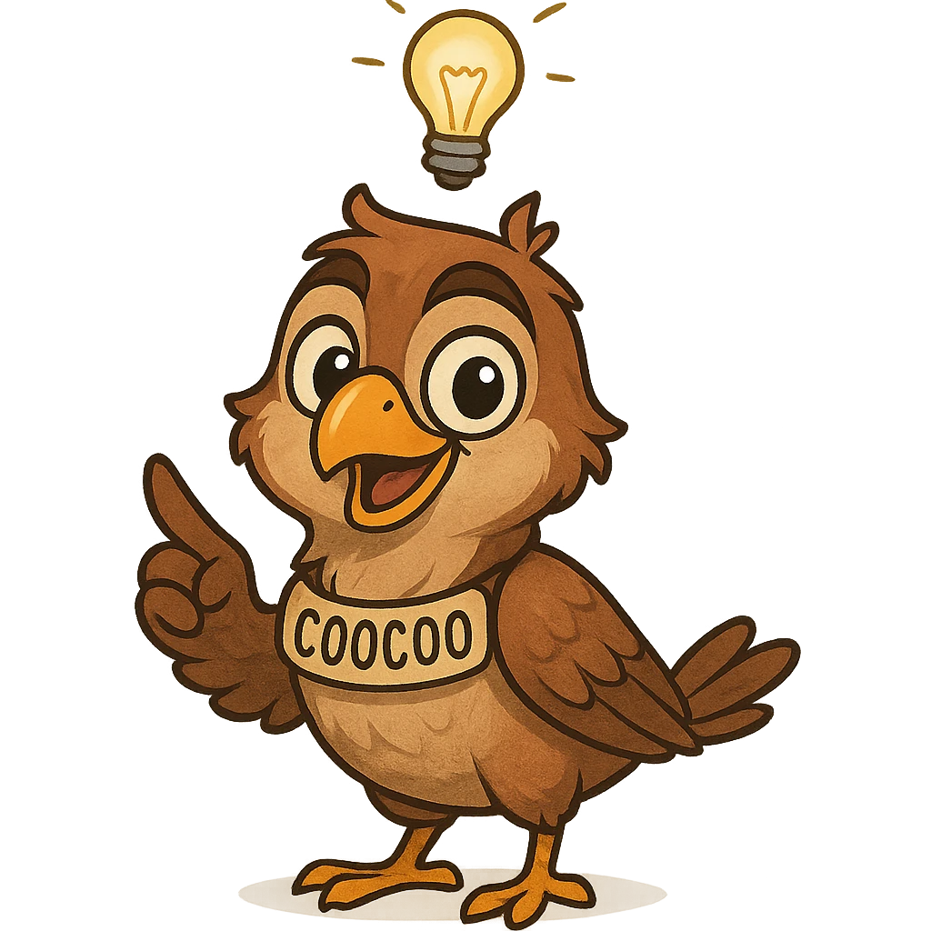 a clever bird named Coocoo, looking intelligent and playful, with expressive eyes and a lightbulb above its head emoji