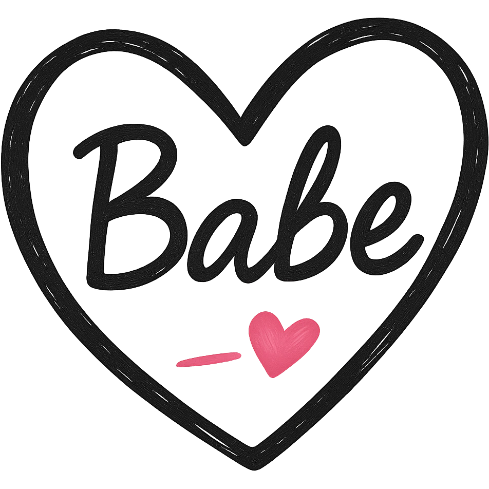 Add a pink accent, such as a small pink heart or underline, to the design. Keep the word 'Babe' in bold white marker handwriting on a black heart, hand-drawn, high contrast, with no background. emoji