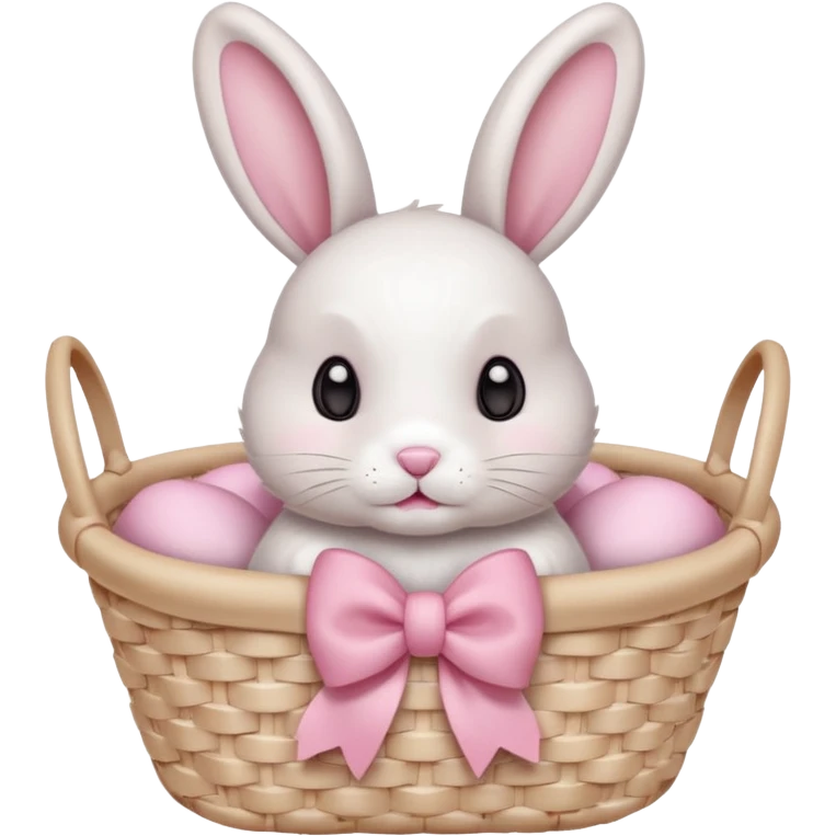 light pink bow on a beige white wooven basket. A bunny with its paws a bit out and sift white fur cute eyes emoji