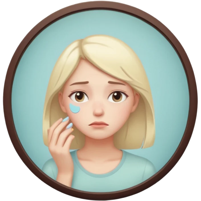thoughtful tired woman looking in the mirror, gentle pastel tones, soft lighting, emoji style, symbolizes fatigue not ageing без кружка  emoji