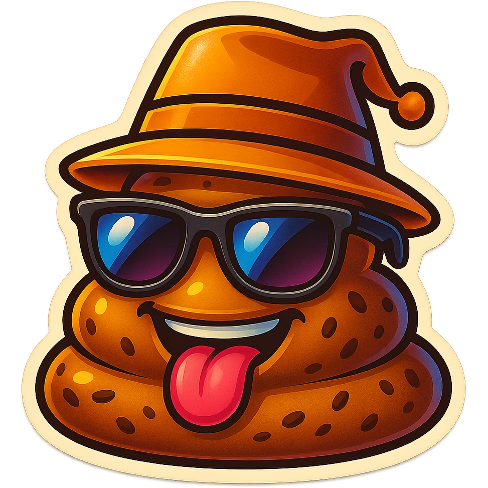 Add stylish sunglasses and a stylish hat to the cartoon poop, cheerful expression, no background. emoji