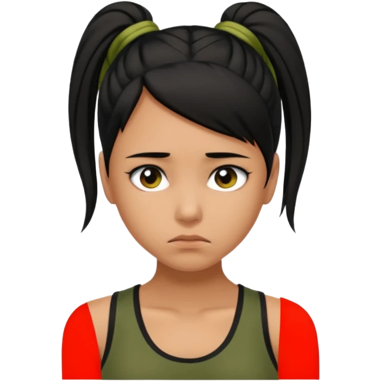 a tan girl with a black ponytail, black tank top, . Looking sad emoji