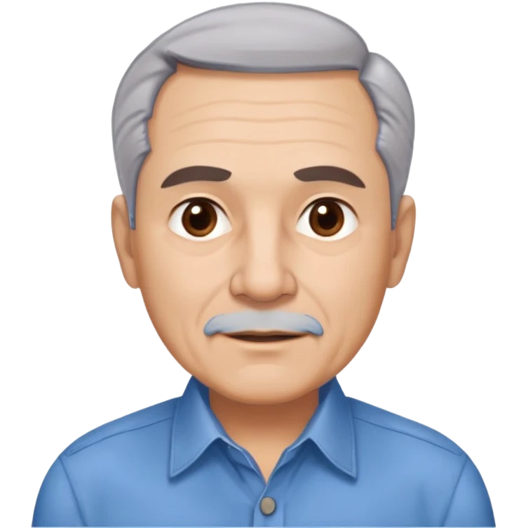 Older Hispanic man in his 60s with light skin, round face, wide jaw, broad cheekbones. Expressive dark brown eyes, thick eyebrows. Short gray/white hair with receding hairline. Well-shaved. Friendly expression. Wearing a button-down shirt in blue. emoji