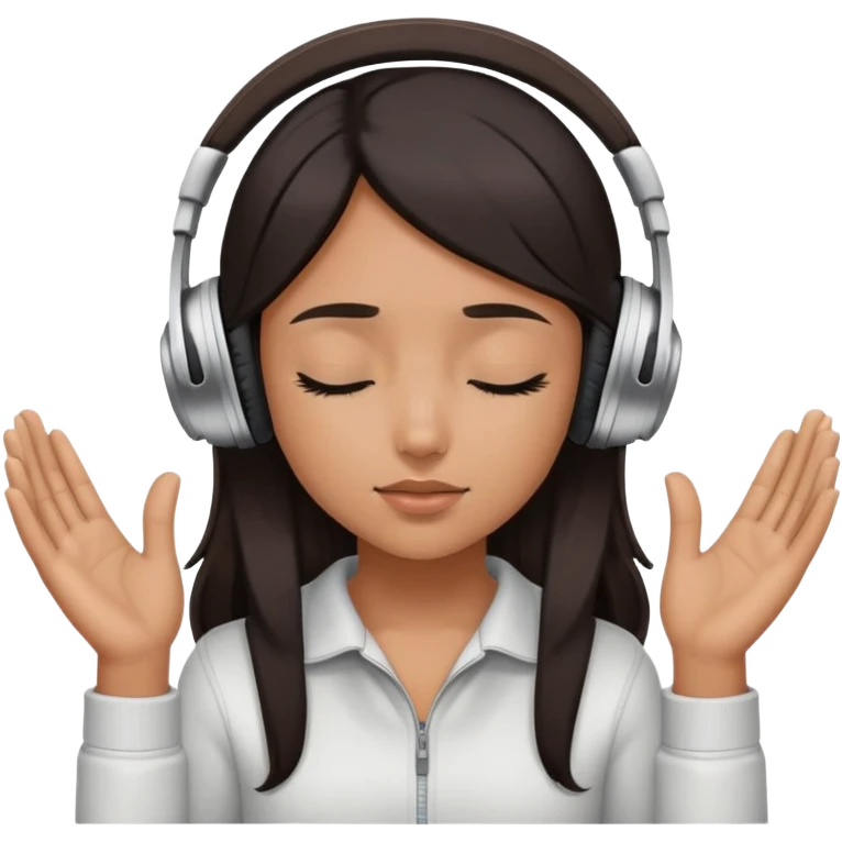 Girl with dark hair wearing headphone with her hands holding them and has her eyes close emoji