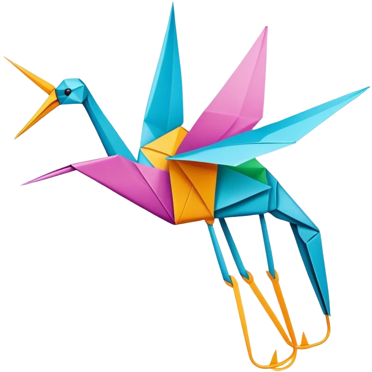 Paper crafting icon, origami crane, folded paper shapes, scissors, vibrant paper, clean folds, minimalistic style, transparent background. emoji