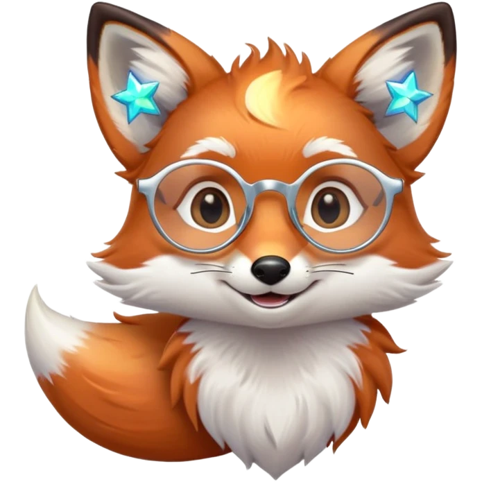 A gentle fox with iridescent fur, a glowing tail, a silver star on its forehead, and round glasses, smiling softly with closed, happy eyes. 🦊😊 emoji