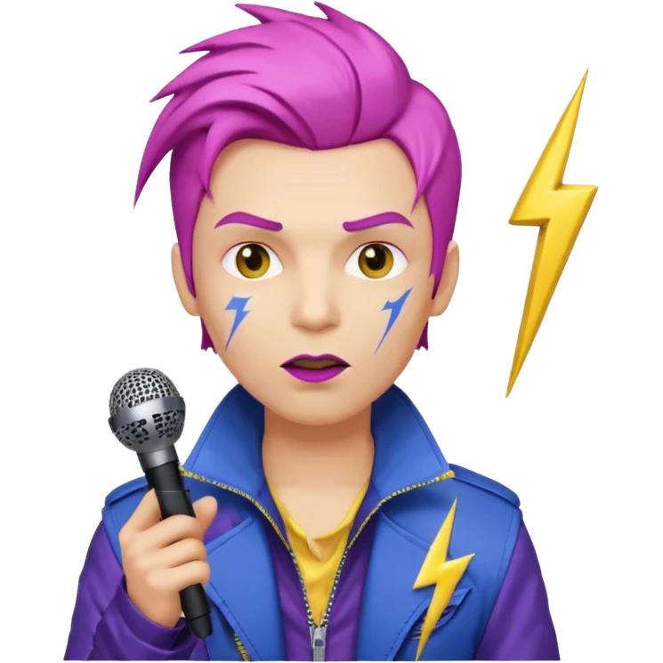 emoji-style male rockstar with David Bowie inspiration, pink side-swept hair, lightning bolt on face, yellow skin, dark lipstick, futuristic purple-blue jacket, microphone, white background emoji