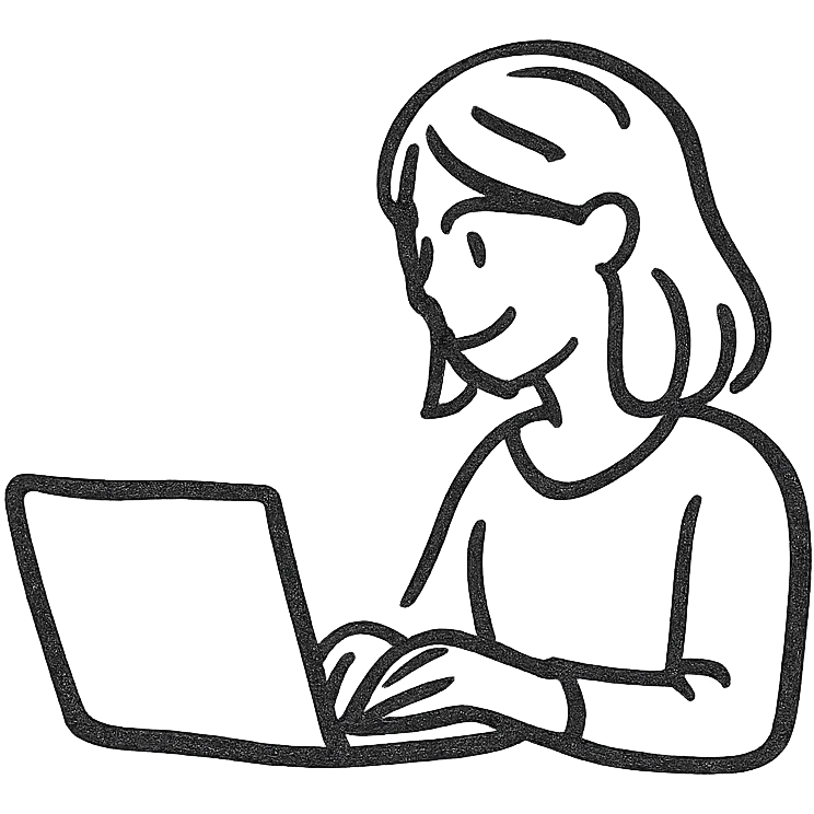 simple line drawing of a woman sitting at a laptop, teal color, minimal, clean, modern emoji