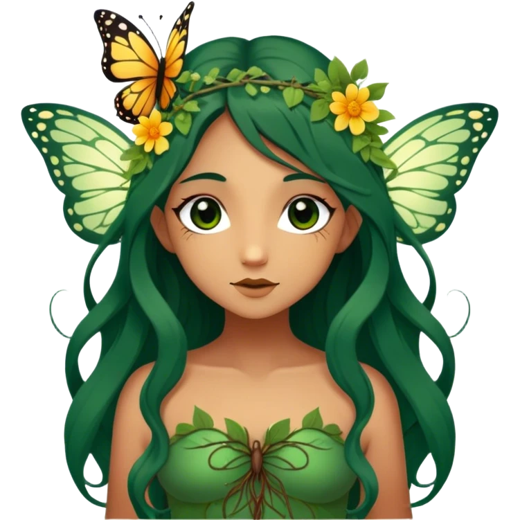 Cinematic Realistic Forest Nymph Fairy Portrait, depicted with lifelike, sun-kissed tanned skin that radiates an earthy glow, softly illuminated by natural, dappled light. Her long, flowing dark green hair is intricately detailed and interwoven with delicate vines and wildflowers, while her deep, soulful eyes mirror the wisdom of the forest. Dressed in an attire inspired by nature’s palette—with subtle botanical motifs—the portrait exudes a soft, enchanted glow that melds realism with woodland magic showing her large butterfly wings from her back. emoji