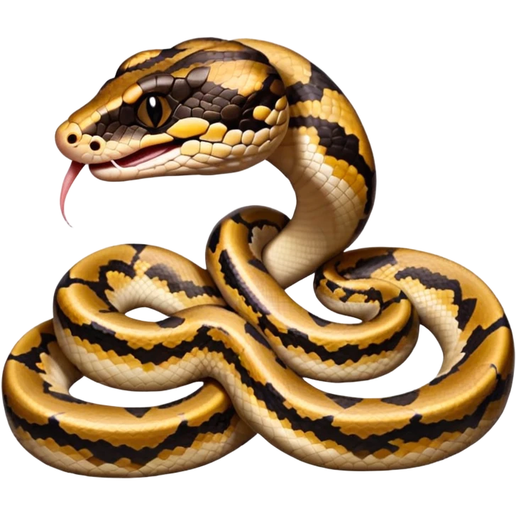 A close-up 3/4 view of the Ball Python with the front half raised slightly in an S-shape and its tongue flicking out. The head is angled curiously toward the viewer, showing both personality and motion. emoji