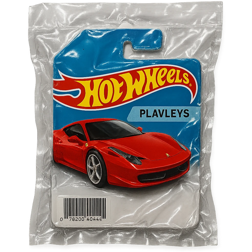 Hot Wheels packaging with a red Ferrari car labeled 'PLAVLEYS', glossy, no background emoji