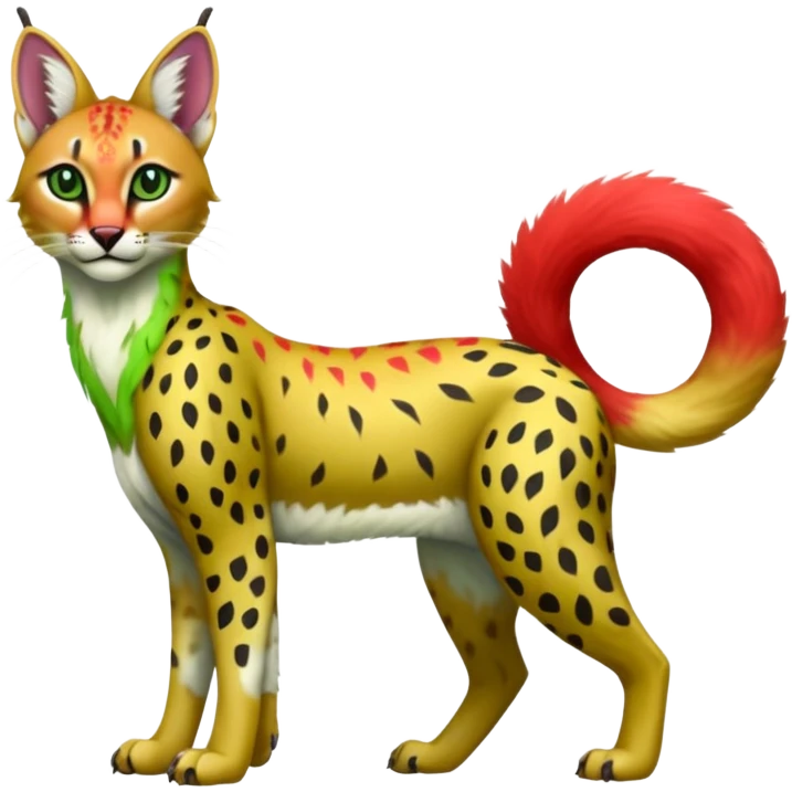 Colorful cute adorable tropical exotic fruity kiwi-green lemony rosy neon-red Caracal-Cheetah-Serval-Snow-Leopard-Trico-Sergal-Vernid-fusion-hybrid-animal-creature, full body, with tribal markings emoji