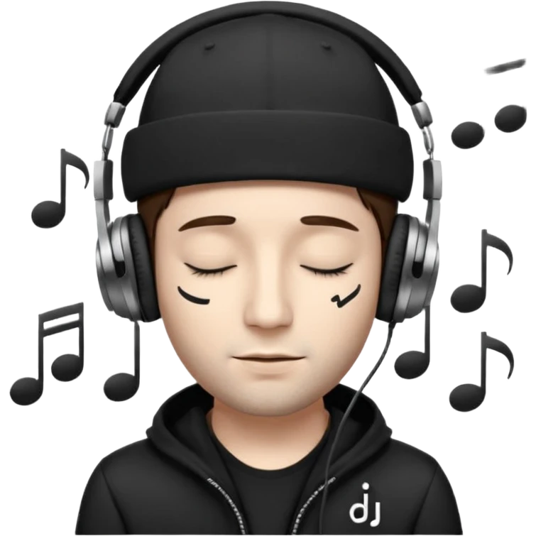 dj man white with baseball cap - rayban Sun Glasses 80s - brown hair - closed eyes with headphones on with musical note over head (listening to music ) - eyes closed no glasses - black hat  musical notes floating around head - DJ DLG written on hat emoji