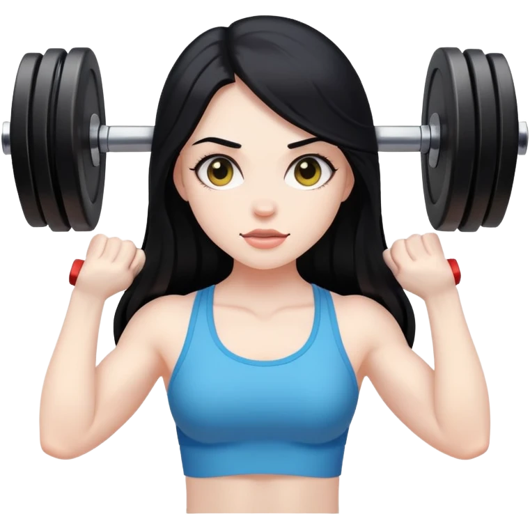 Pale girl with long black hair lifting weights emoji