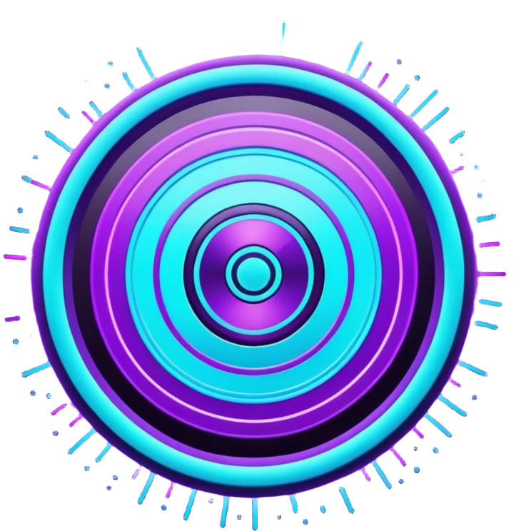 Futuristic glowing bullseye target emoji, neon purple and cyan holographic glow, dark background, digital tech style, abstract sparkles, no face. emoji