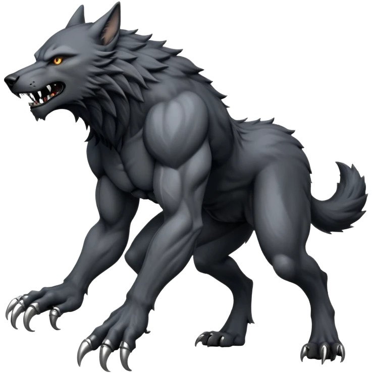 cinematic-noble-fierce-werewolf-full body on all fours-emoji, poised-and-imposing, with a tall, lean, and muscular wolfish frame inspired by the brutal, imposing shape of the beast from Berserk, fur rippling in shades of midnight black and silver, massive paws with razor-sharp claws, elongated limbs and fangs, eyes glowing with an intense, primal ferocity, reflecting the untamed power of the wild moonlit night; rendered with realism like a wolf emoji