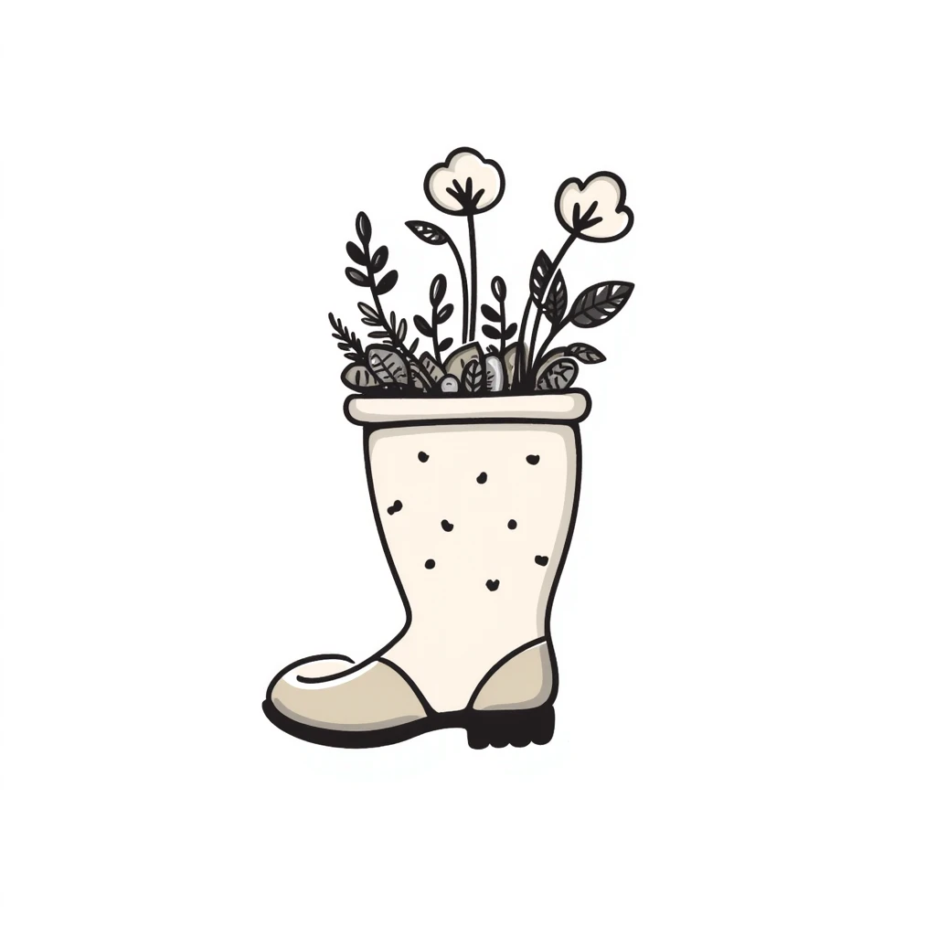 rain boot with plants growing out, gentle earthy tones, soft pastel colors, soft hand-drawn style emoji