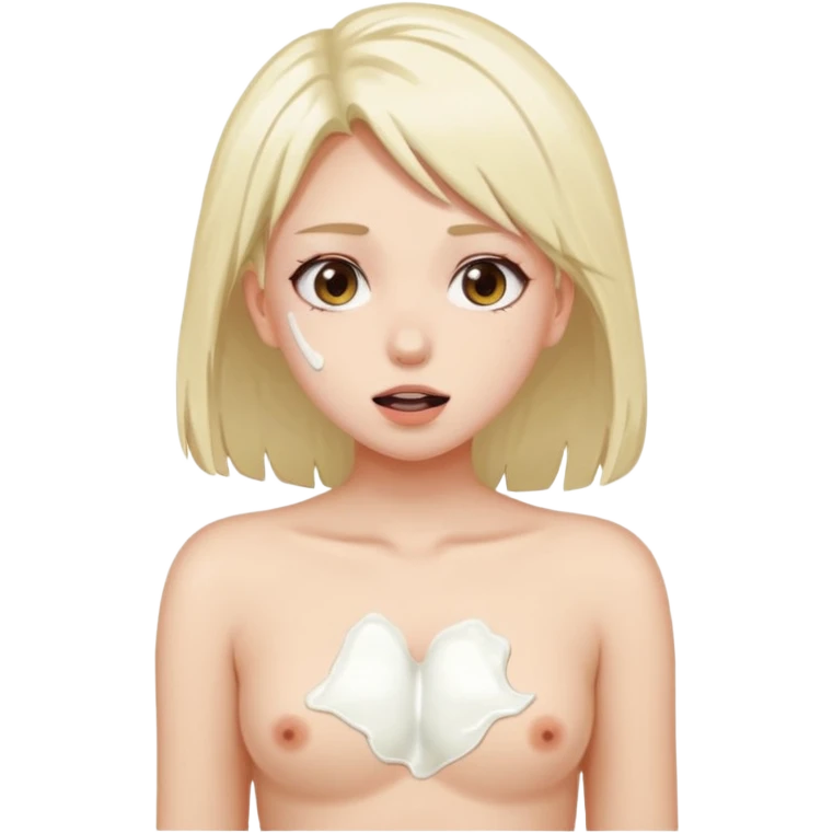 Голая девушка с белым клеем возле груди и ahegao face emoji