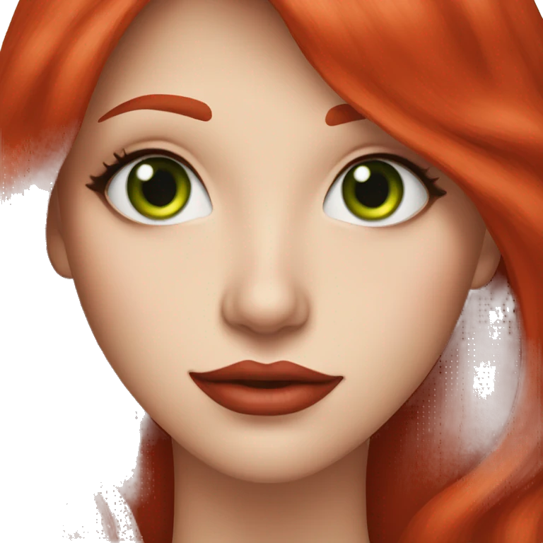 straight long Tomato red hair,red lipstick red,green eyes, white skin and a small nose emoji