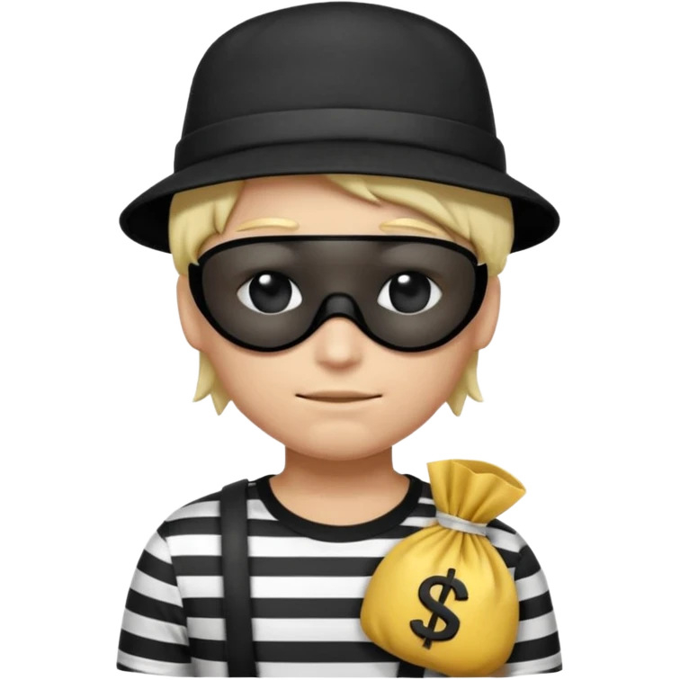 Realistic ios emoji-style portrait of a classic burglar, a black eye mask and a black-and-white striped shirt. emoji-like hair, black hat, a bag of money 💰 with a dollar sign in a right corner, mean expression  emoji