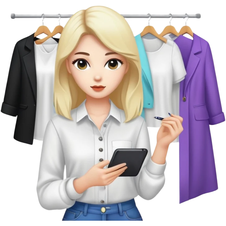 white female clothing designer, designing kpop clothing with clothing material emoji