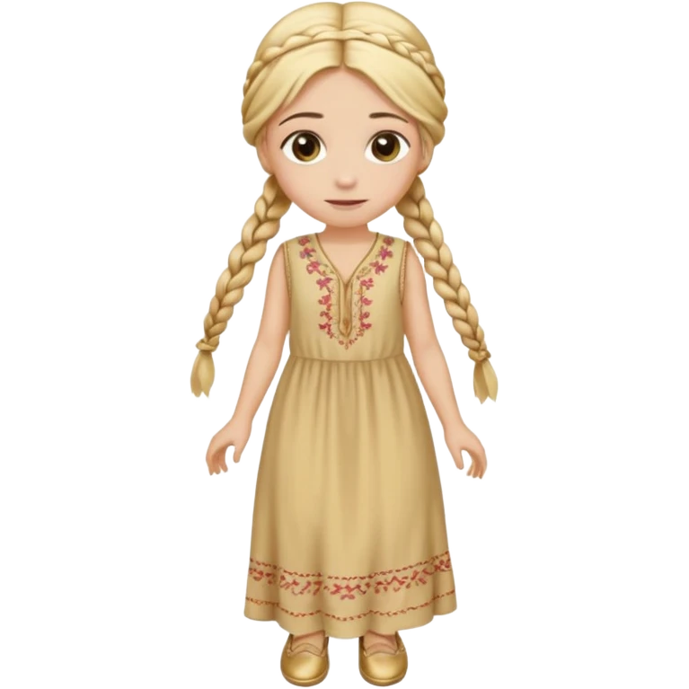 
mujer, Joven, de aspecto dulce y elegante.
Piel clara, ojos grandes y expresivos, sonrisa triste.
Rubio o castaño claro, largo, con trenzas o velo.
Vestido largo cubriendole los zapatos, çde tonos suaves (blanco, azul o lavanda), con bordados dorados; toca fina cubriendo la cabeza. emoji