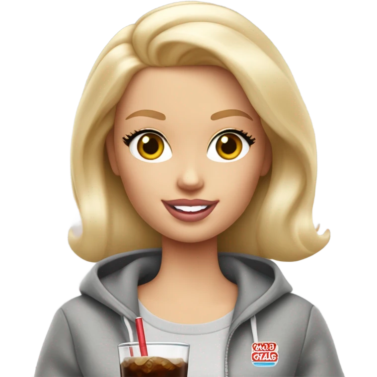 Blonde Barbie wearing light gray sweatshirt, holding a glass of cola on ice  emoji