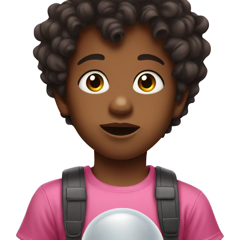 Young boy with pacifier in his mouth dark curled hair and a pink tshirt  emoji