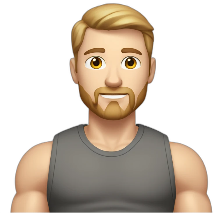 Full height Pale skinned fit man With biceps, Realistic eyes and mouth, light brown hair and stubble In dark gray sleeveless mike, black oversize sports shorts, watch and white sneakers. emoji