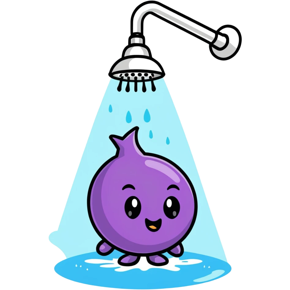 onion character taking a shower, water pouring from showerhead emoji