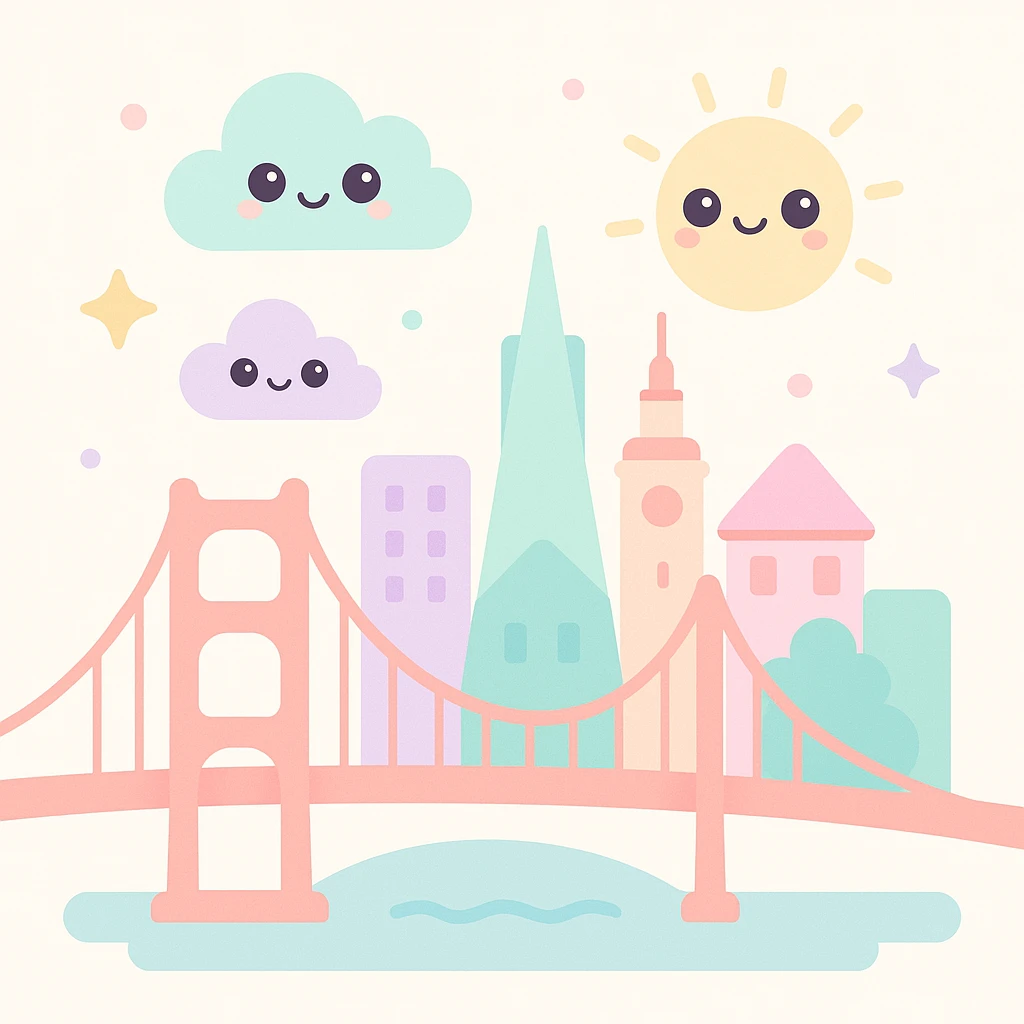 {
  "style_description": {
    "overall_look": "Cute, minimal, and soft with a friendly and playful tone",
    "material_simulation": {
      "primary_material": "flat digital color",
      "texture_detail": "smooth surfaces with no texture or shading",
      "pattern": "none or very simple decorative accents (e.g., hearts, stars)"
    },
    "geometry": {
      "edge_style": "rounded, soft curves with no sharp angles",
      "dimensionality": "flat two-dimensional appearance with simple shapes"
    },
    "color_palette": {
      "scheme": "pastel and light tones",
      "preferred_colors": ["pink", "mint", "lavender", "baby blue", "peach"],
      "contrast": "low contrast with bright accents"
    },
    "facial_features": {
      "eyes": "large, sparkly, often oval or circular",
      "mouth": "small, often a simple curve or dot",
      "expression": "joyful, innocent, or calm"
    },
    "lighting": {
      "type": "none or implied with soft highlights",
      "purpose": "maintain a clean and cheerful look"
    },
    "render_constraints": {
      "avoid": ["realistic shading", "high detail", "dark themes", "texture noise"],
      "focus_on": ["cute expression", "iconic simplicity", "emotional warmth"]
    },
    "background": {
      "color": "white or soft pastel",
      "style": "plain or patterned with simple icons (e.g., polka dots, stars)",
      "lighting_consistency": "no shadows, evenly lit feel"
    }
  }
}

{subject} = san francisco emoji
