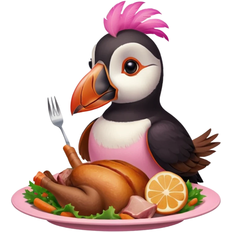 pink puffin that is pink-colored eating roast dinner emoji