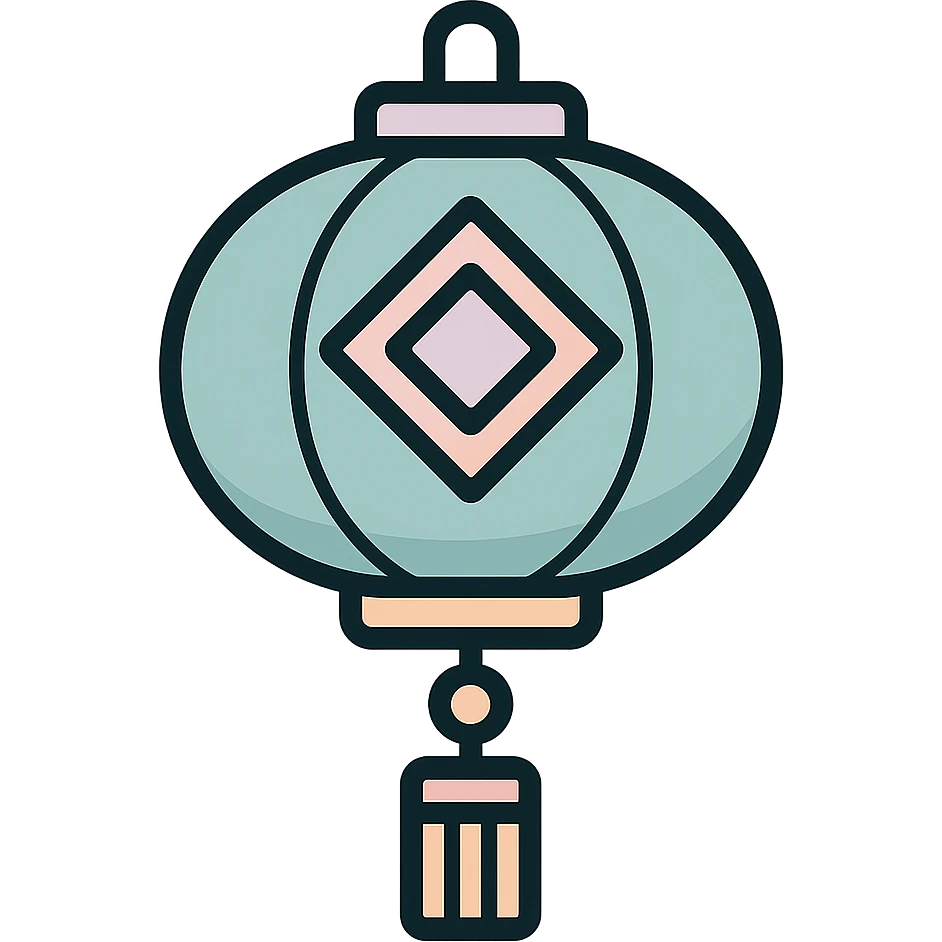beautiful Chinese lantern with geometric ornament and tassel, icon-color-outlined style, thin clean contours, soft rounded shapes, pastel palette #98B5BC, #B5B3C1, #C9A3C9, #E4C0CA, #F7DCD1, #F7C0AA, detailed shadows and highlights, soft lighting, transparent background, eastern style emoji
