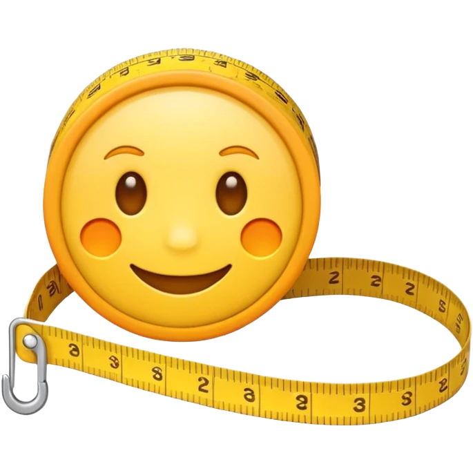 Cute emoji-style measuring tape roll, yellow color with orange highlights, soft edges, small eyes and smile for fun cartoon effect, simple emoji icon style. emoji