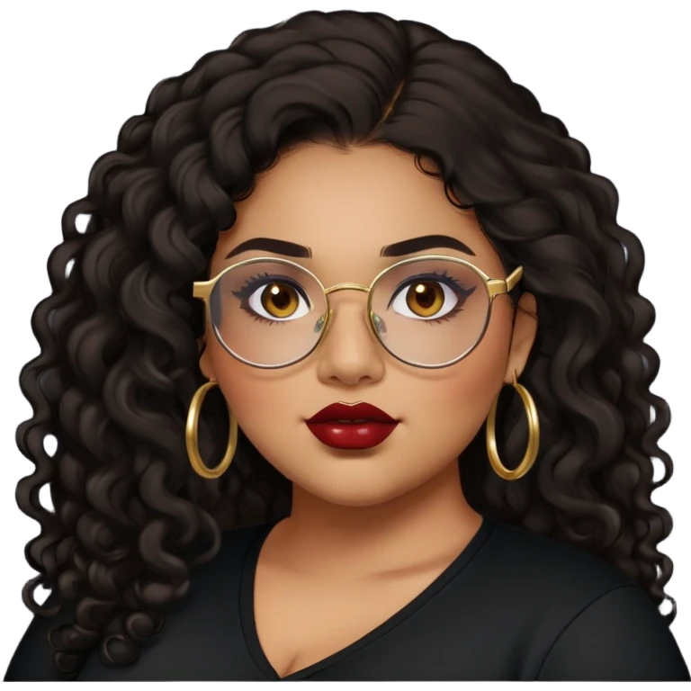 teen big plus size, latina, darker tan skin, gold hoops, long black curly hair, baddie,pretty, makeup, dark red lipgloss, black eyeliner, long hair, black shirt, BLACK glasses emoji