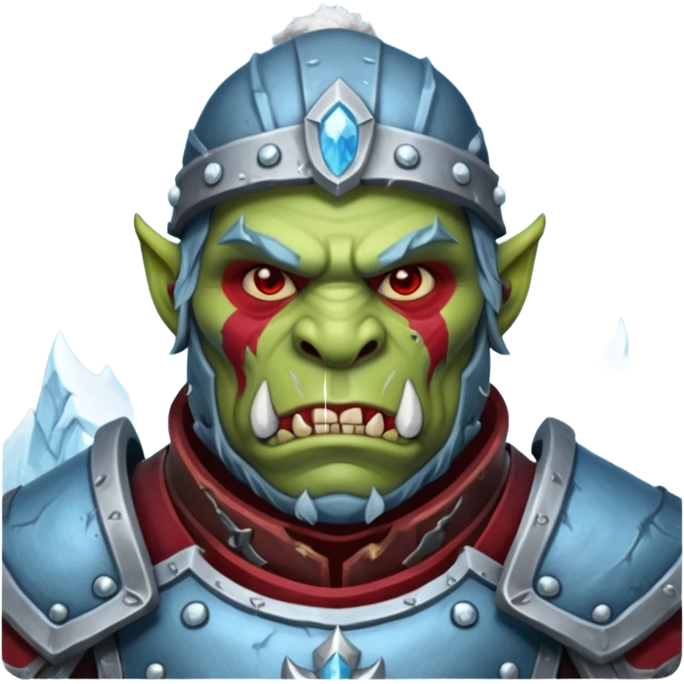 
Fantasy Christmas orc legion soldier icon, iron tundra army theme, heavy winter armor, disciplined brutal look, icy blue steel armor with deep crimson accents, frozen metal texture, cold winter atmosphere, male variant emoji