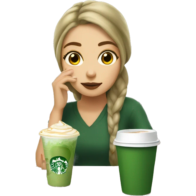 Slavic girl drinking matcha latte from Starbucks emoji