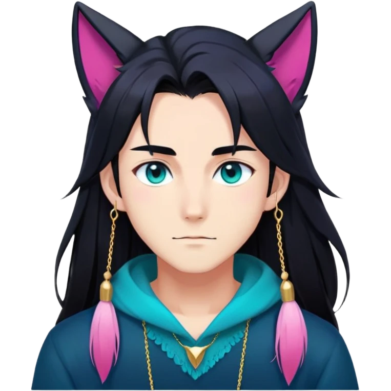 anime man with long-straight-dark-black hair, long black fox ears with pink Scapha, colorful-gradient-brown-turquoise eyes, gold earring, dark-blue-sweater, white pupils, turquoise tassel emoji