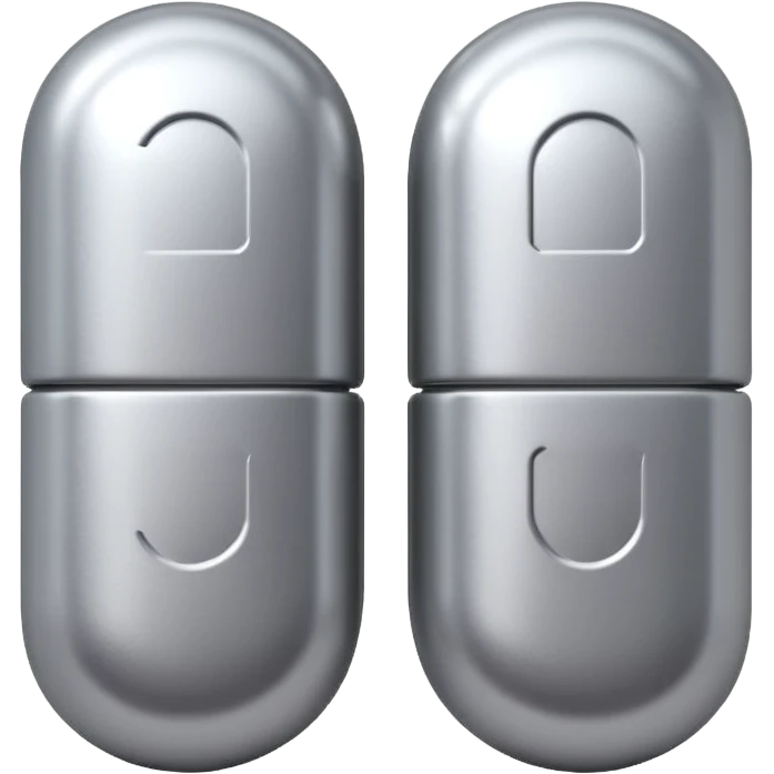 capsule pill emoji, metallic silver halves, smooth glossy finish, futuristic pharmaceutical 3D icon, isolated on white emoji
