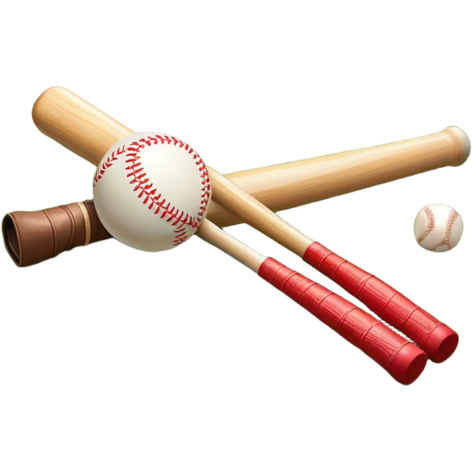 A baseball bat, ball, and glove placed on the grass of a baseball field, with the diamond and base lines clearly visible in the background. The scene captures the essence of the sport, with the equipment ready for action on the neatly marked field. emoji