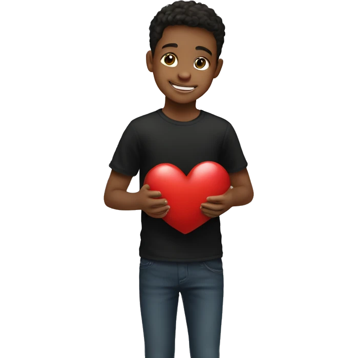 smiling boy in black shirt holding heart  emoji