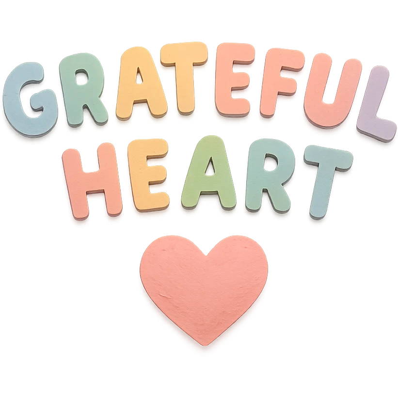 "Grateful Heart" soft pastel rainbow soft puffy lettering, cute hand-drawn font, no outline, transparent background emoji